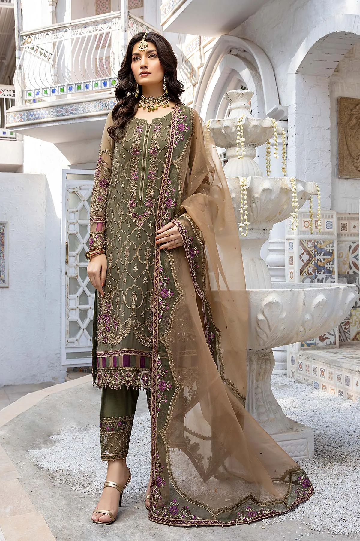 3 Pc Unstitched Embroidered Hand Work Chiffon DJW-05