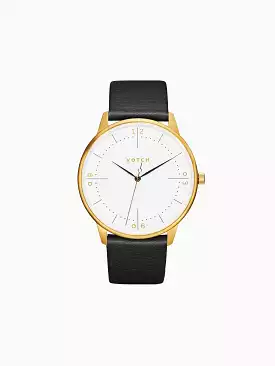 Aalto Watch with Gold & White Dial |  Black Vegan Leather Strap