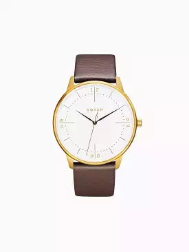 Aalto Watch with Gold & White Dial |  Brown Vegan Leather Strap