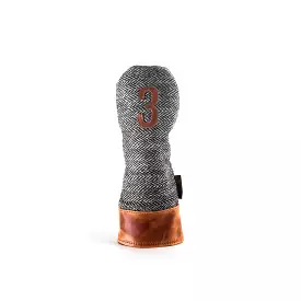 Americana Edition Harris Tweed and  leather golf Headcover in black and white Herringbone 3 wood