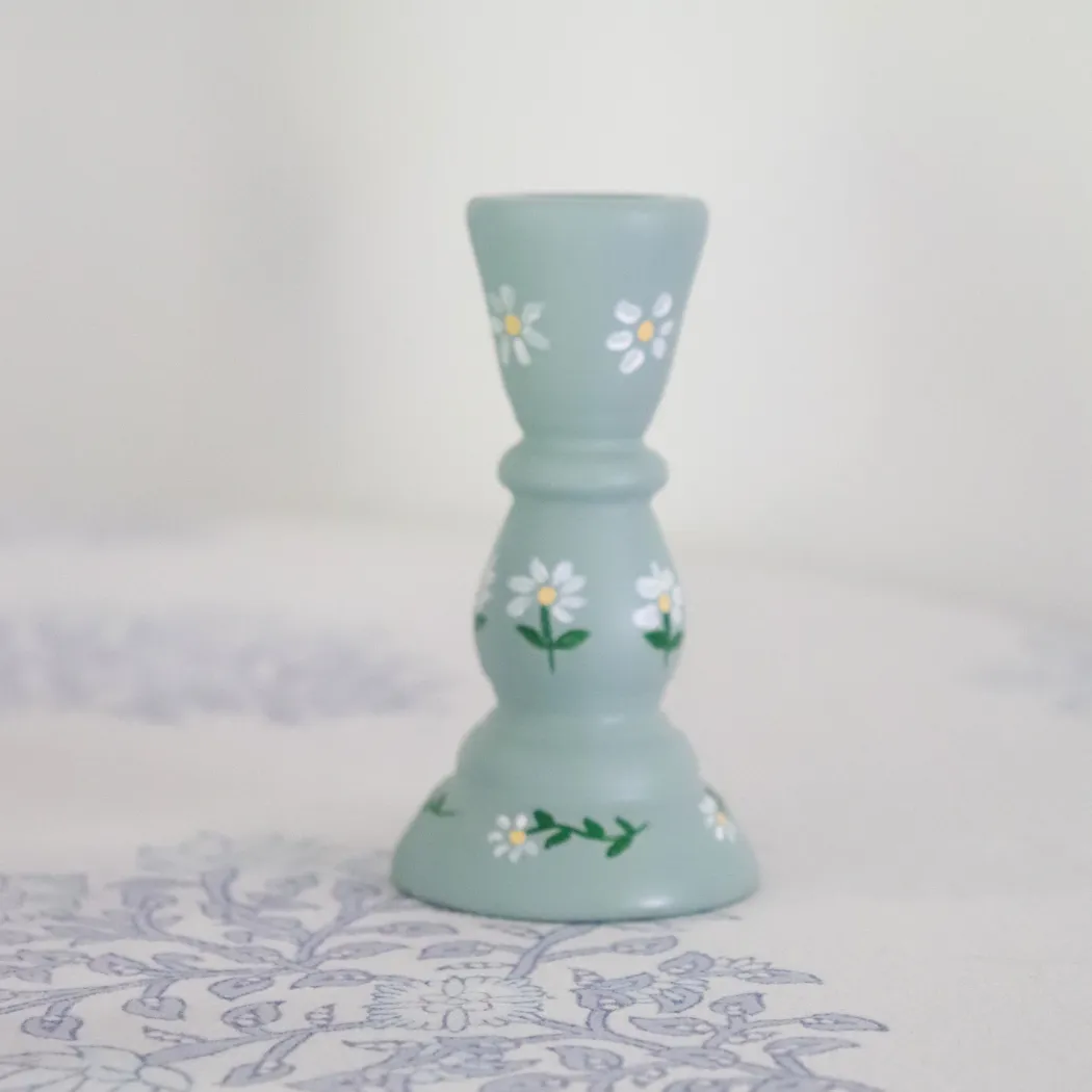 Hand Painted Wooden Candlestick Holders Duck egg blue daisies