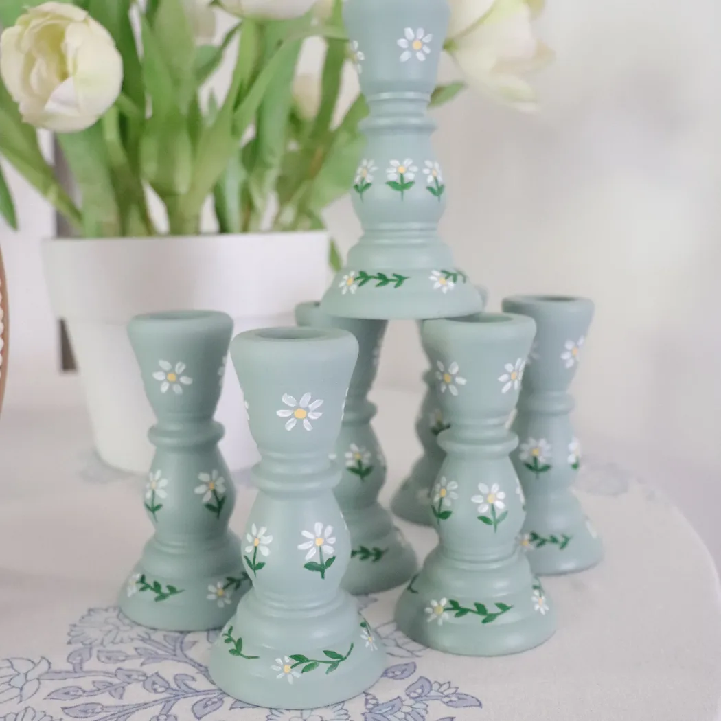 Hand Painted Wooden Candlestick Holders Duck egg blue daisies