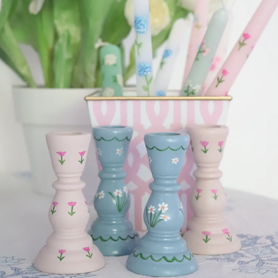 Hand Painted Wooden Candlestick Holders Duck egg blue daisies