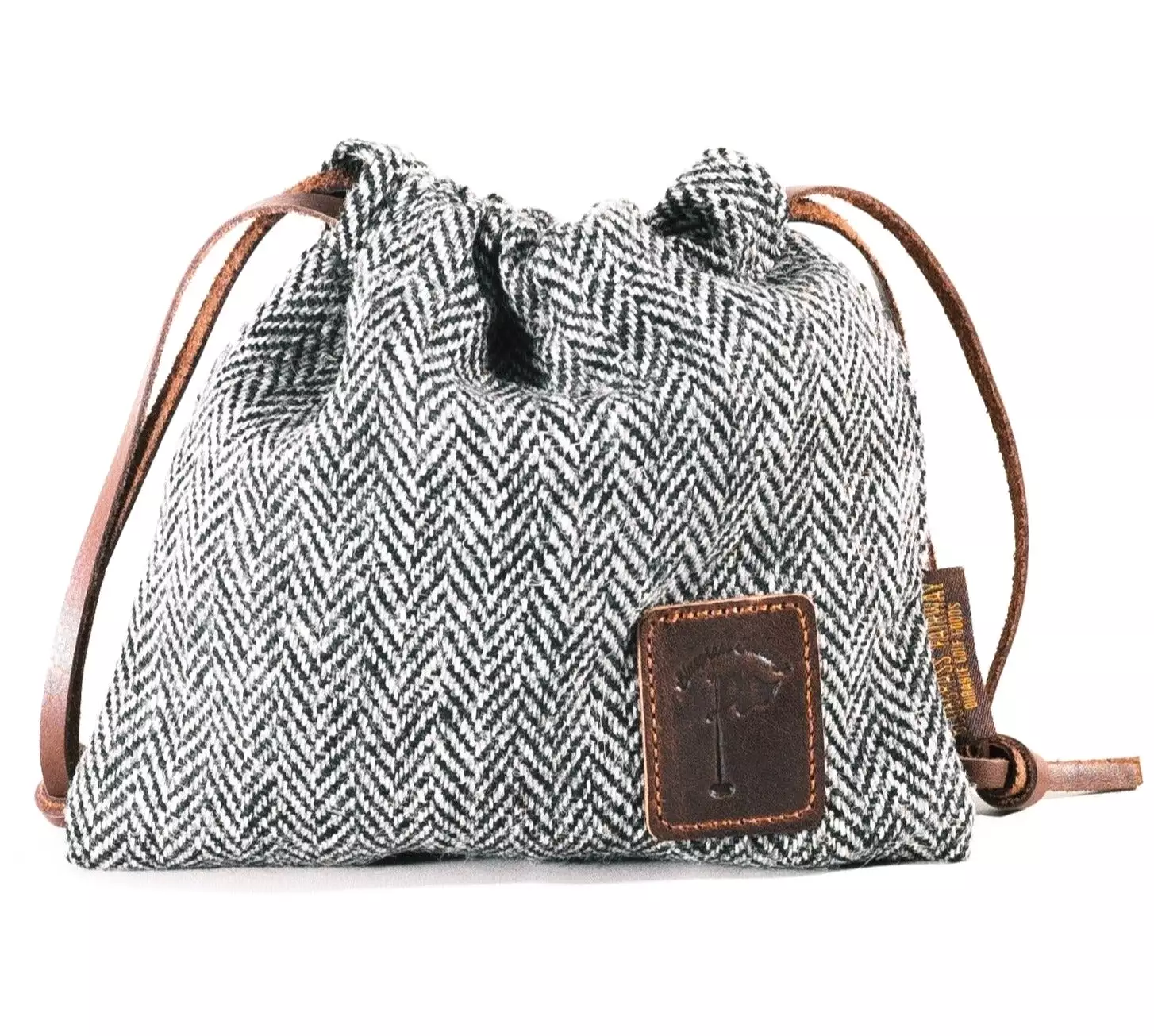 Harris Tweed Golf Drawstring Valuables Pouch in Black and White Herringbone