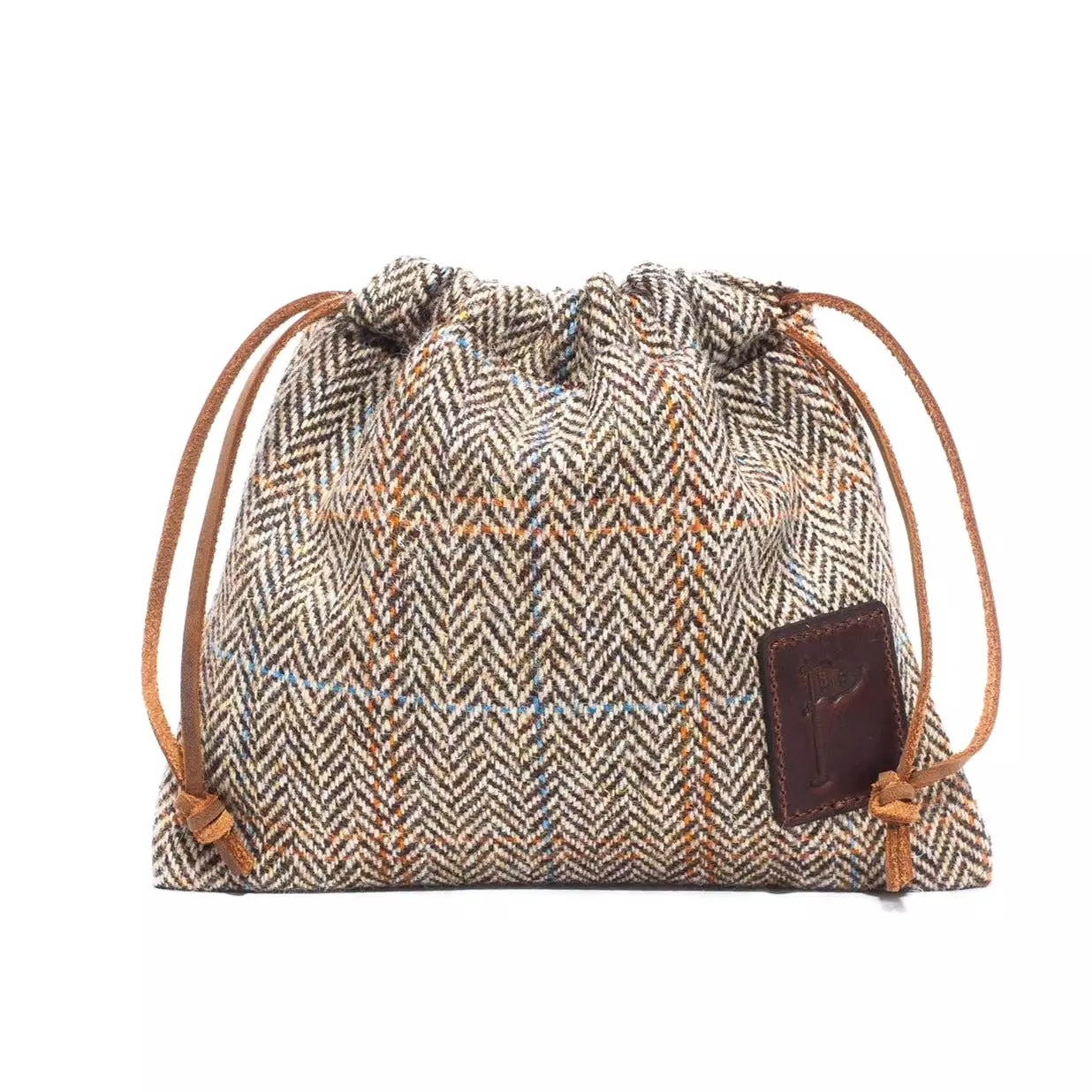 Harris Tweed Golf Drawstring Valuables Pouch in Herringbone Brown