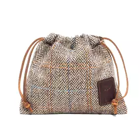 Harris Tweed Golf Drawstring Valuables Pouch in Herringbone Brown