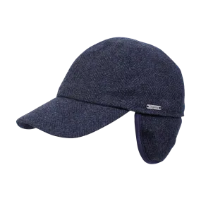 Loro Piana Storm System Wool Flannel Baseball Classic Cap with Earflaps in Navy Herringbone by Wigens