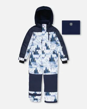 One Piece Snowsuit Navy Blue Watercolor Pine Print