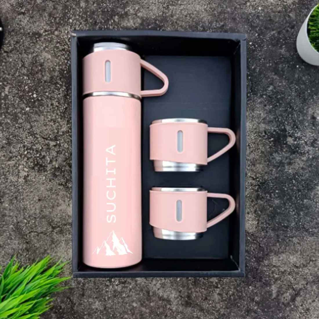 Personalised Tea Flask Thermos With 2 Cups Set - Mountain