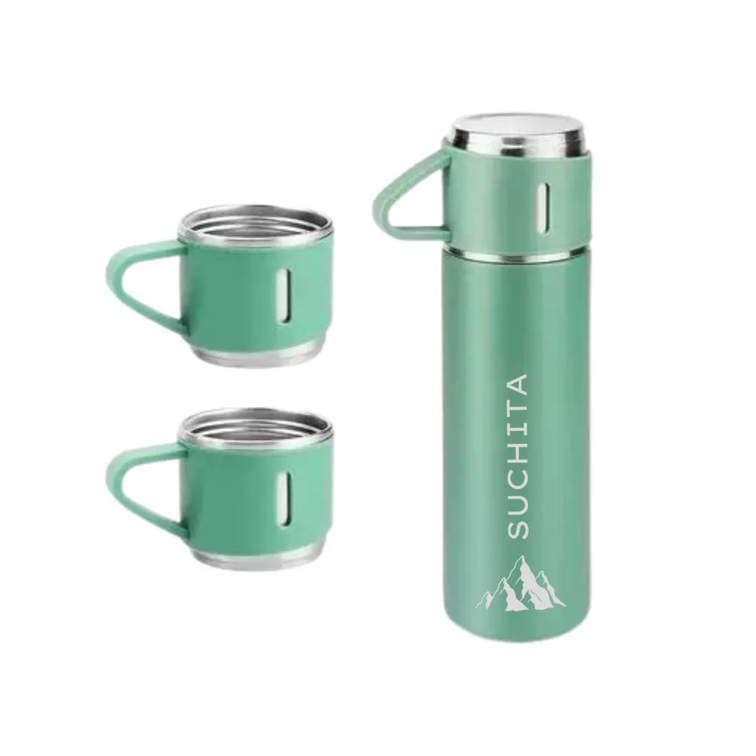 Personalised Tea Flask Thermos With 2 Cups Set - Mountain