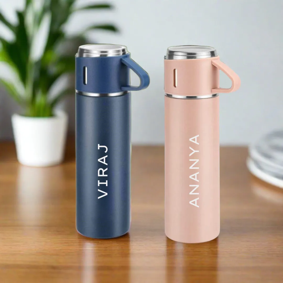 Personalised Travel Mug Thermos With 2 Cups Gift Box Set - Add Name - SET OF 2