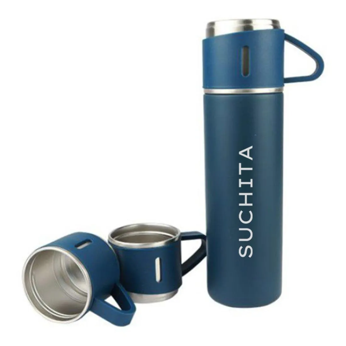 Personalised Travel Mug Thermos With 2 Cups Gift Box Set - Add Name - SET OF 2