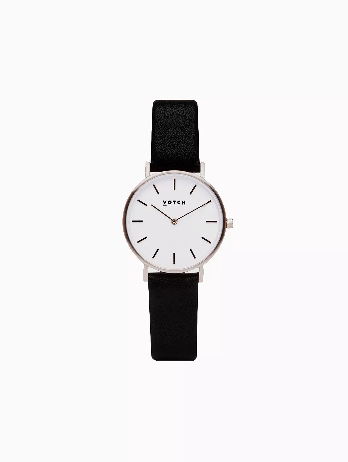 Petite Watch with Silver & White Dial | Black Vegan Leather Strap