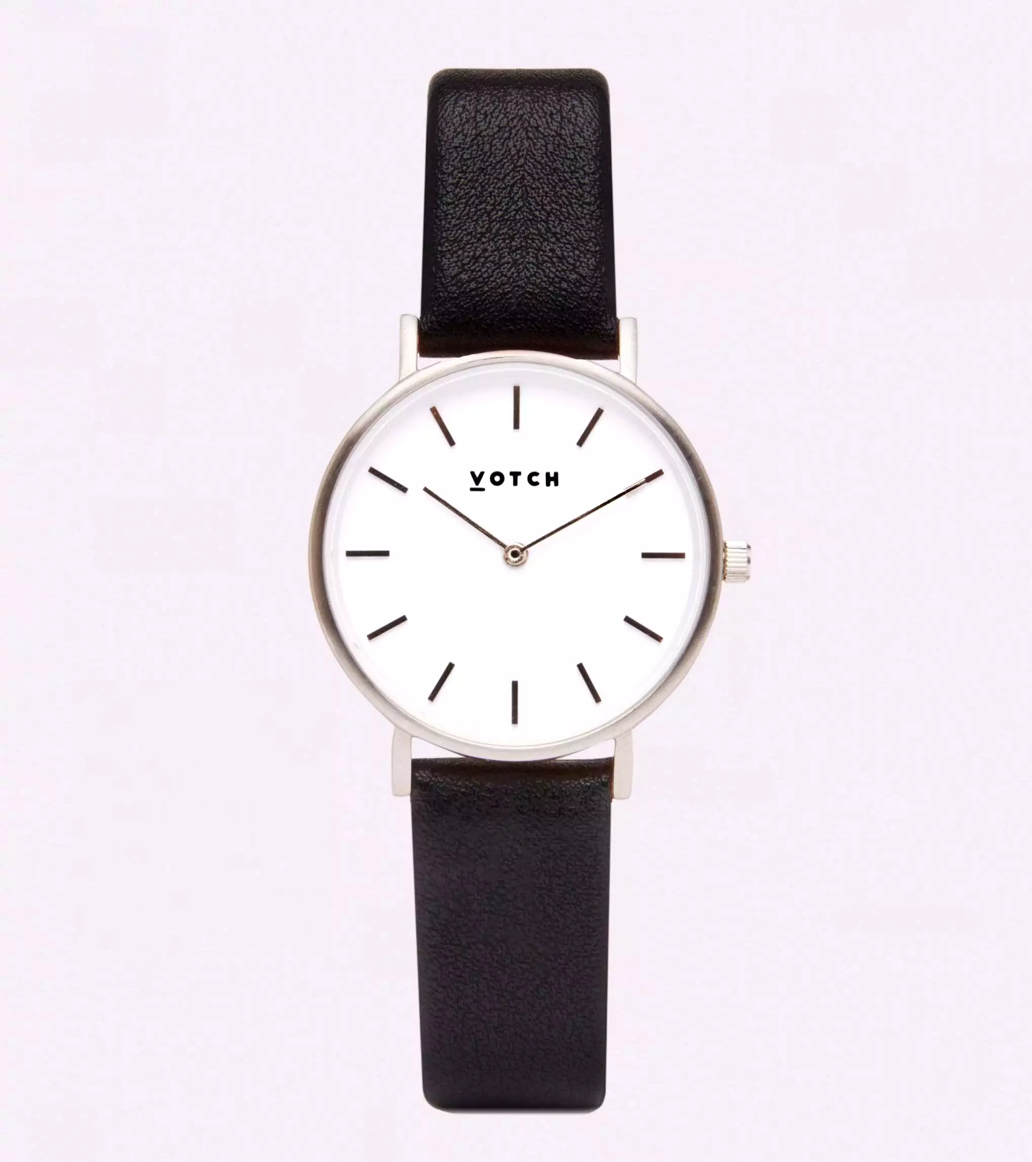 Petite Watch with Silver & White Dial | Black Vegan Leather Strap