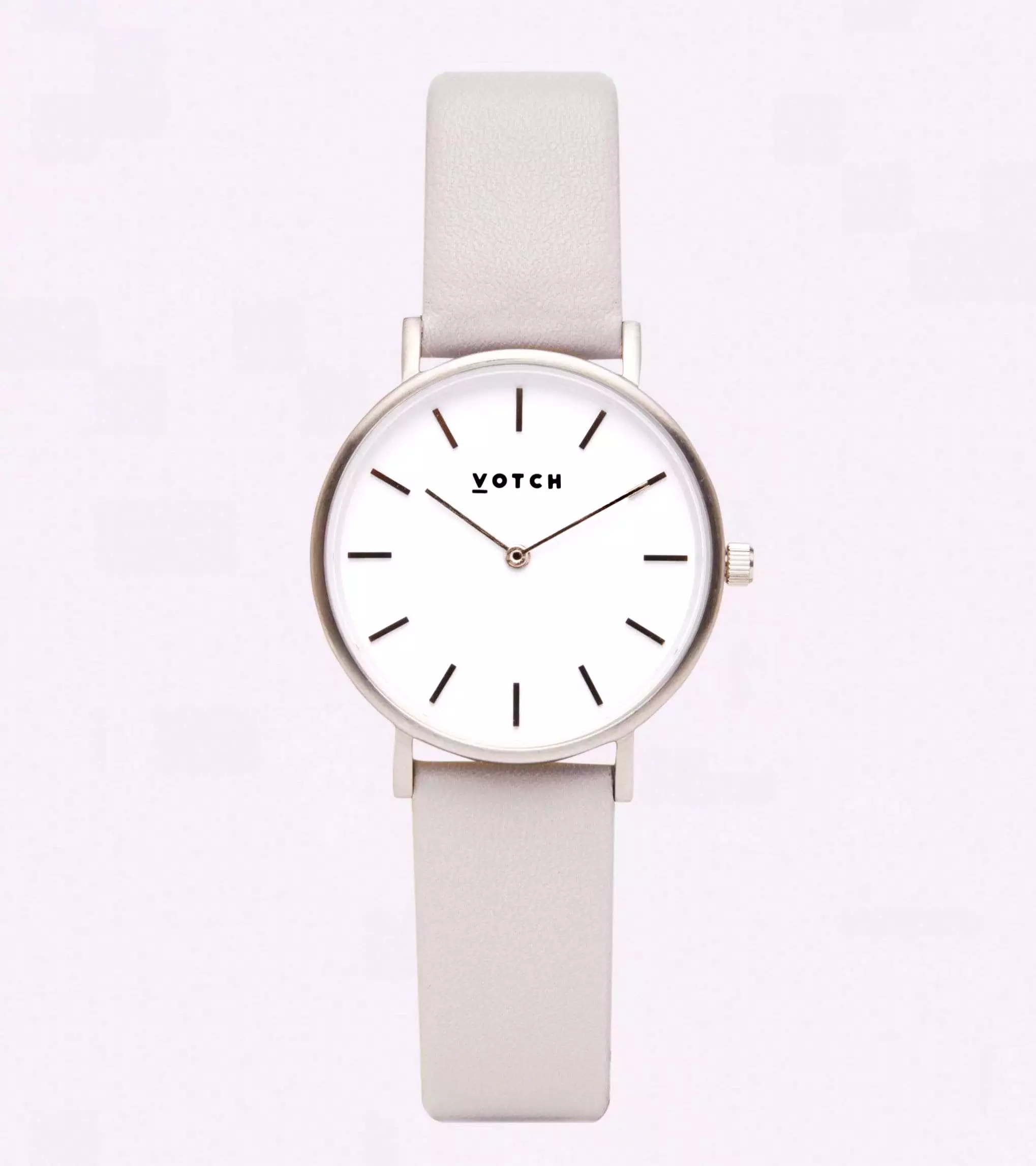 Petite Watch with Silver & White Dial | Light Grey Vegan Leather Strap