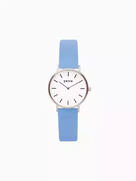 Petite Watch with Silver & White Dial | Sky Blue Vegan Leather Strap