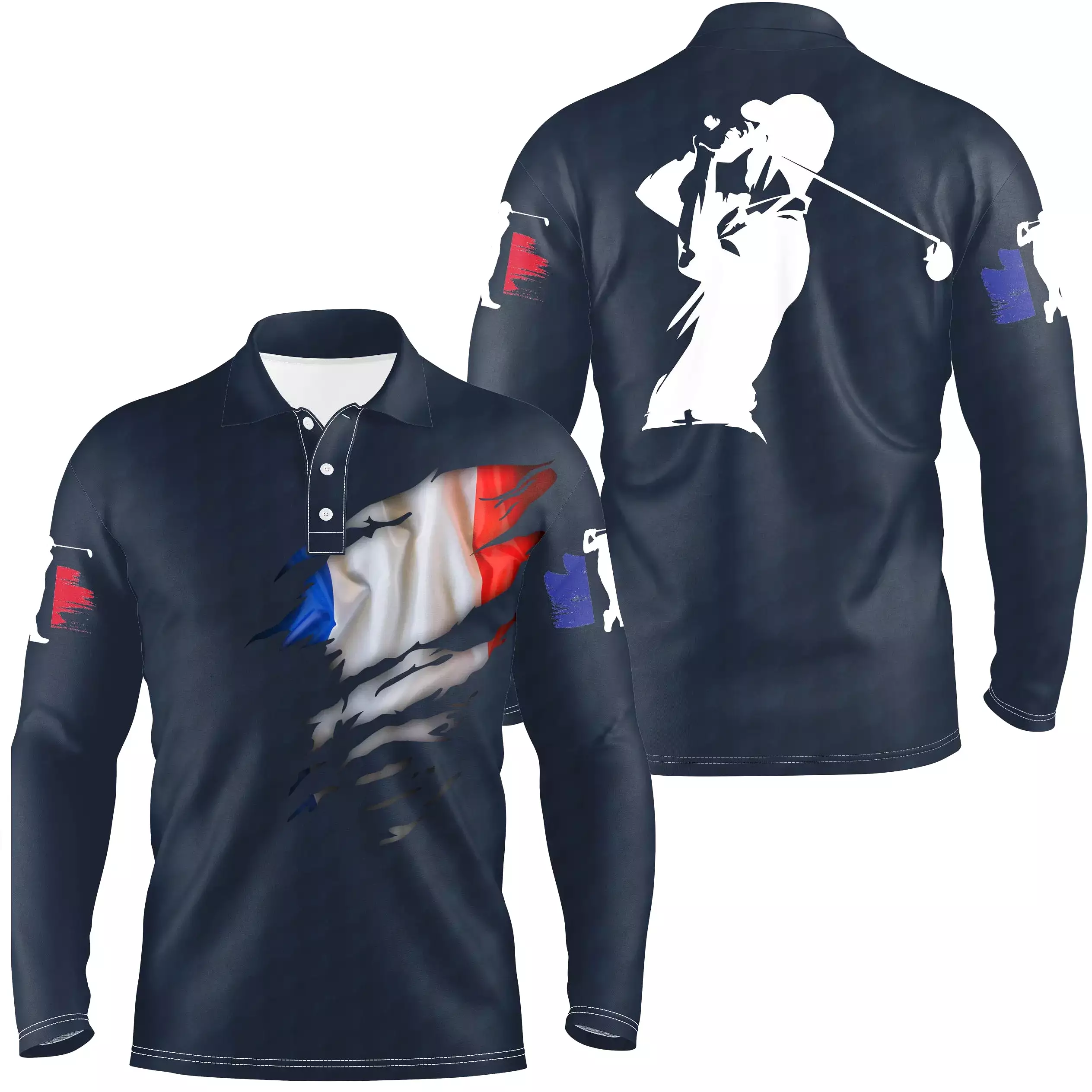 Polo de Golf, Cadeau Original Golfeur, Golfeuse, Polo à Séchage Rapide Drapeau France - CTS17052212