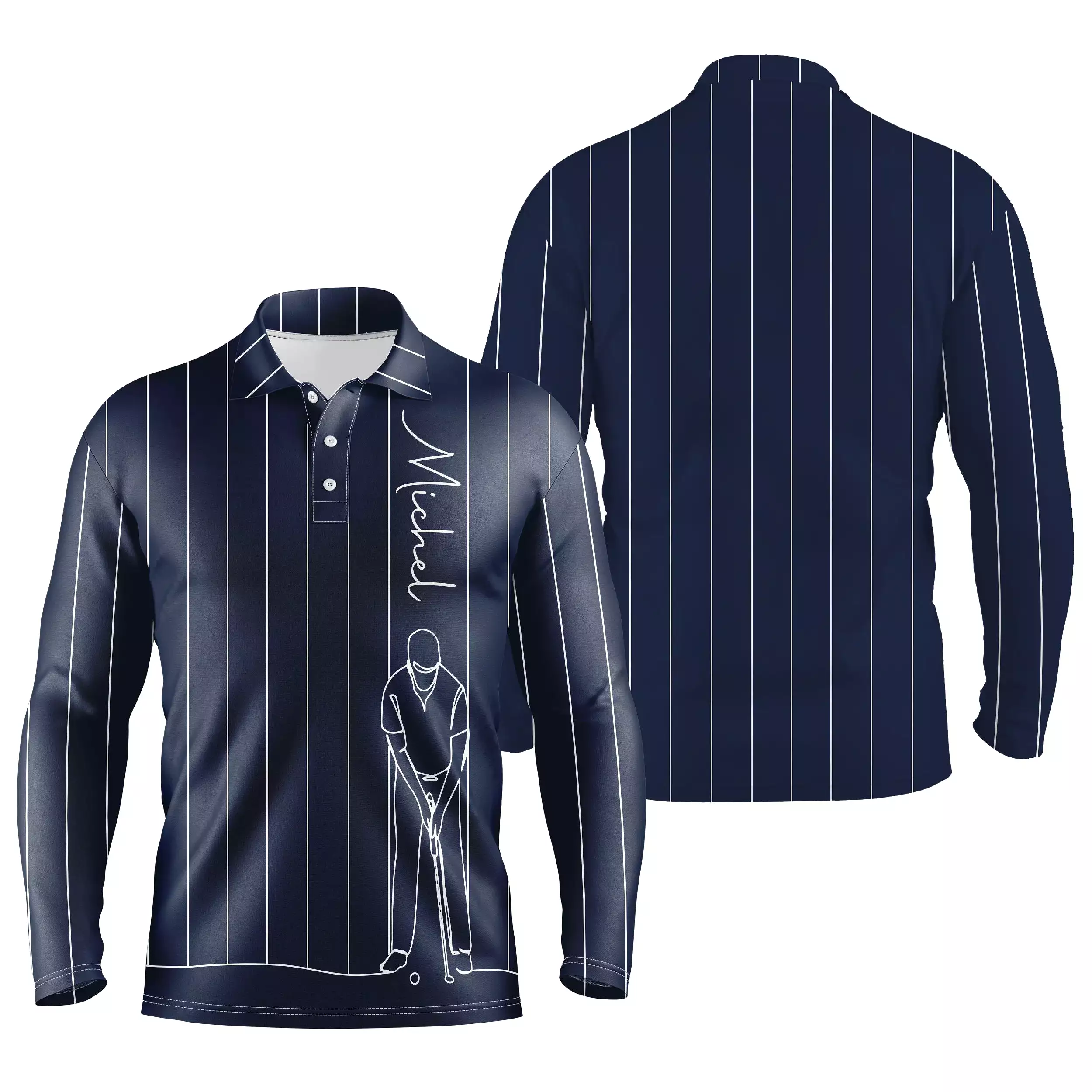 Polo de Golf Personnalisé, Dessin Au Trait Golfeur, Golfeuse, Cadeau Original Pour Fans de Golf, Noir, Blanc, Bleu Marine - CTS1