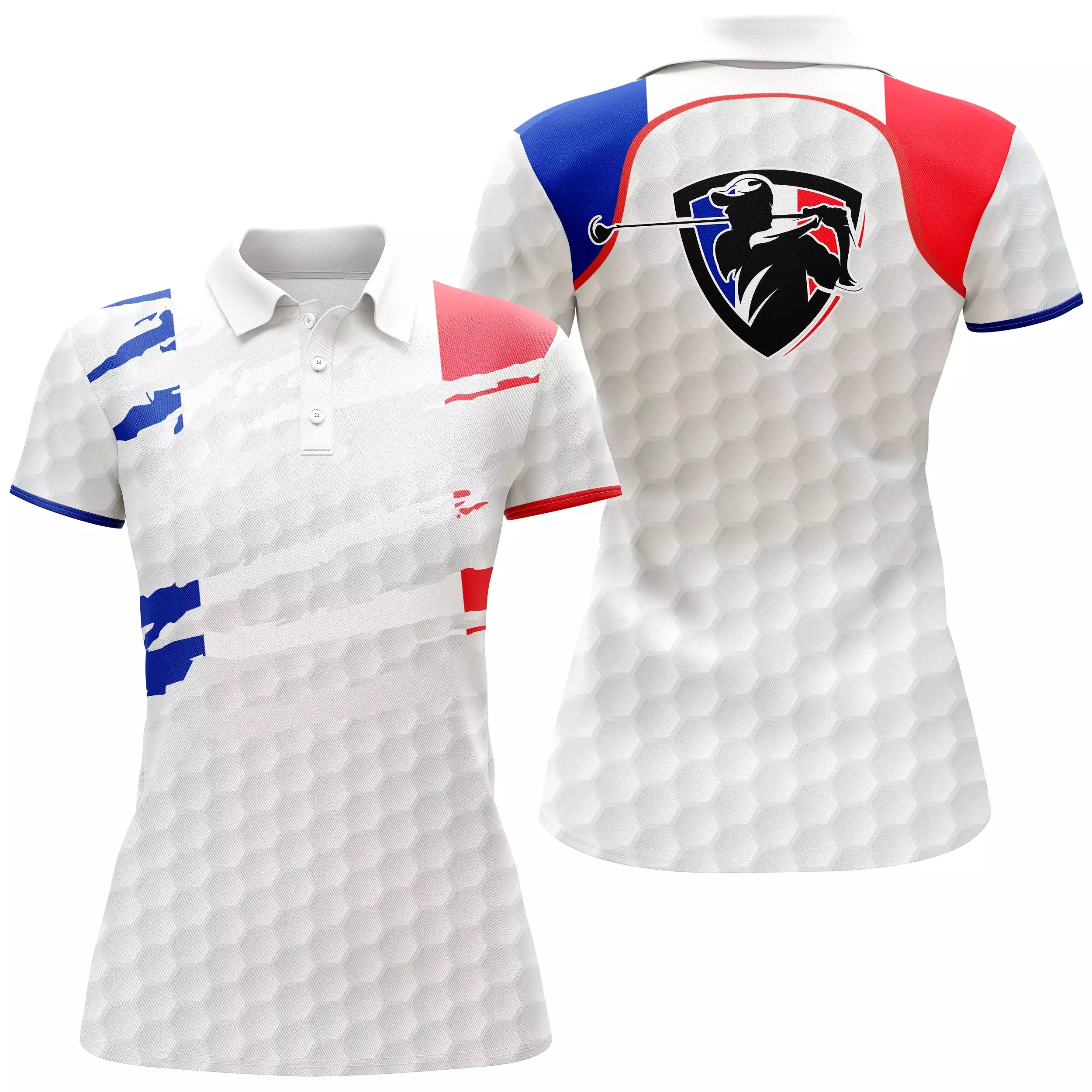 Polo de Sport Homme Femme, Polo à Séchage Rapide Pour Golfeur et Golfeuse, Impression Drapeau de la France, Motifs Balle de Golf