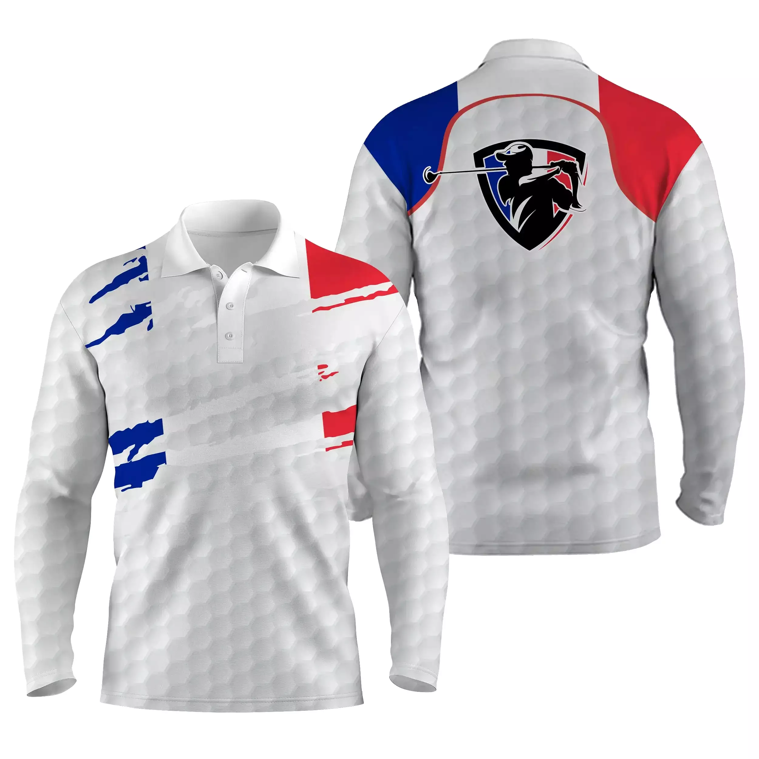 Polo de Sport Homme Femme, Polo à Séchage Rapide Pour Golfeur et Golfeuse, Impression Drapeau de la France, Motifs Balle de Golf