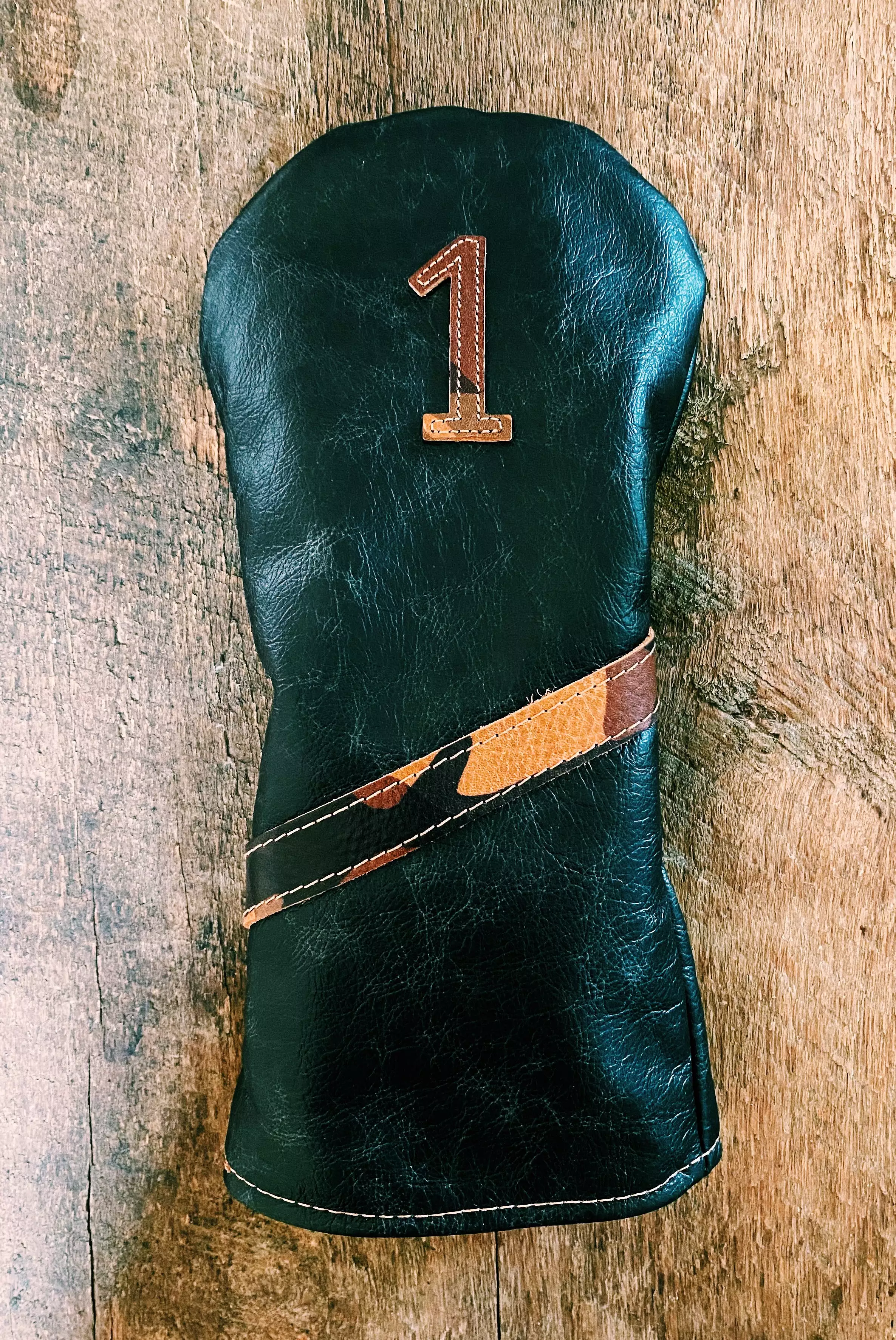 Single Barrel collection leather golf Headcover in  Distressed black / La Perla Azzurra Camo