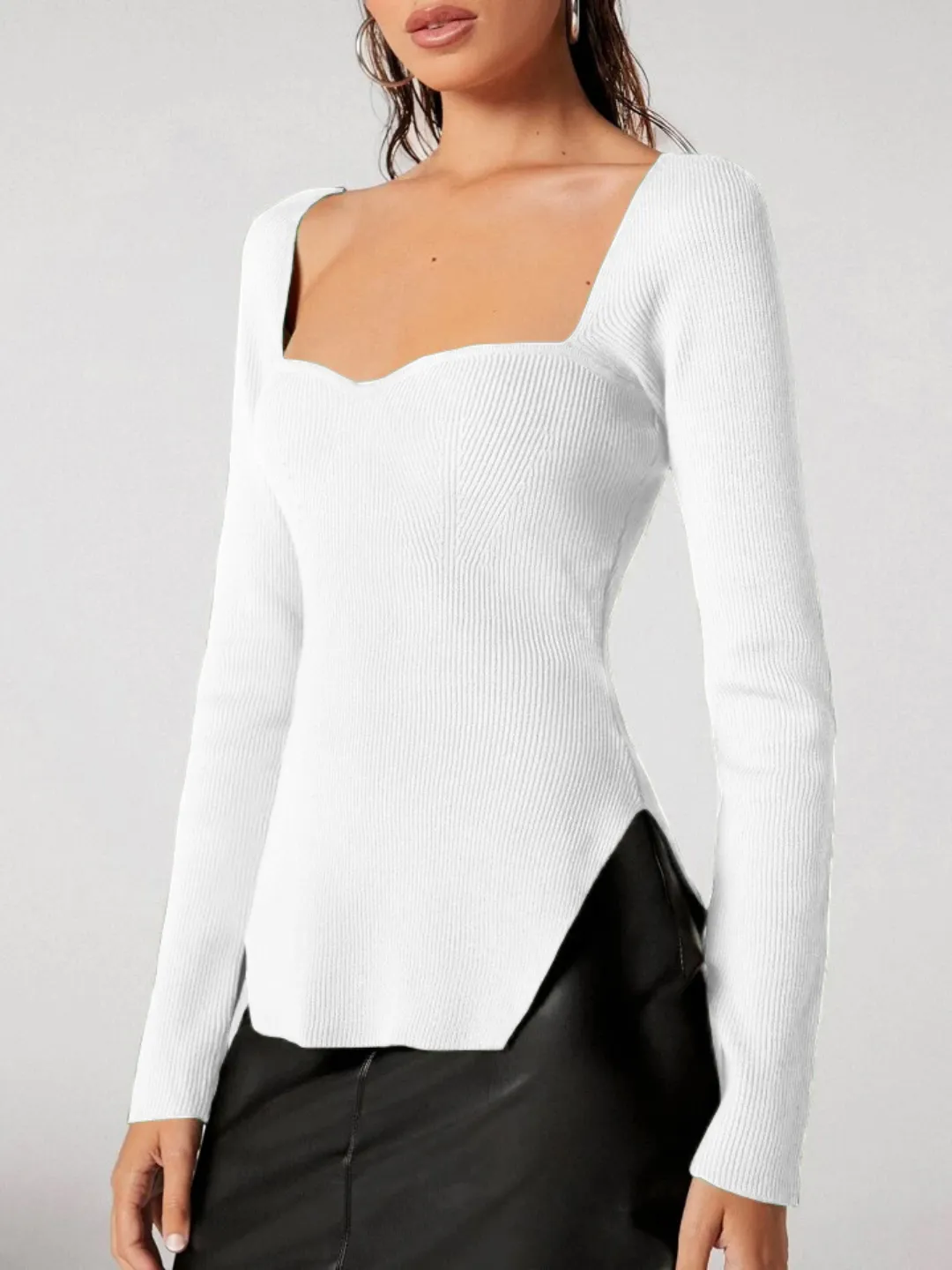 Stretchable Ribbed Sweetheart Neck Top