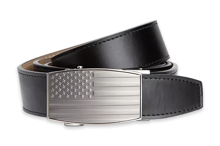 USA Embossed Pewter Flag, 1 3/8 Strap, Black Golf Belt