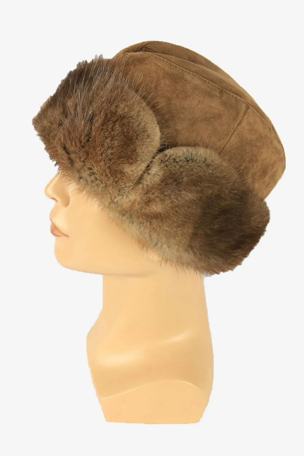 Vintage Fur Suede Cossack Hat Earflaps 90s Brown 56 cm - Pepper Tree London